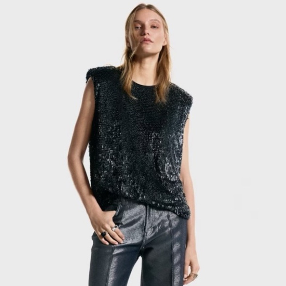 New H&M Sequined Sleeveless Top With Shoulder Pads